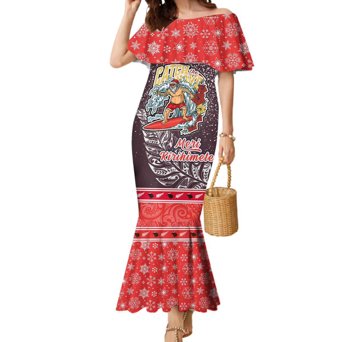 Custom New Zealand Christmas Mermaid Dress Santa Catch The Wave Maori Pattern Retro Style LT03 Women Red - Polynesian Pride