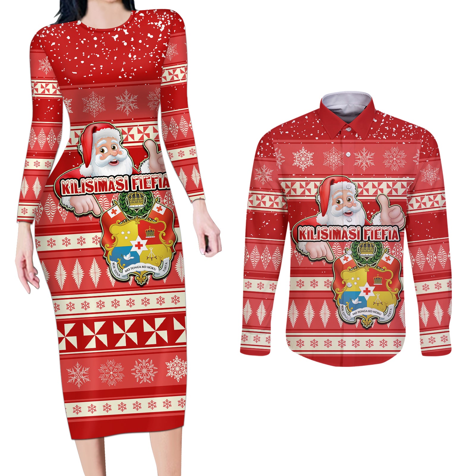 tonga-christmas-couples-matching-long-sleeve-bodycon-dress-and-long-sleeve-button-shirts-the-santa-coat-of-arms-with-ngatu-and-snow-pattern