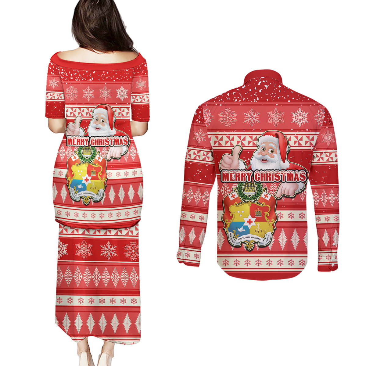 tonga-christmas-couples-matching-puletasi-dress-and-long-sleeve-button-shirts-the-santa-coat-of-arms-with-ngatu-and-snow-pattern