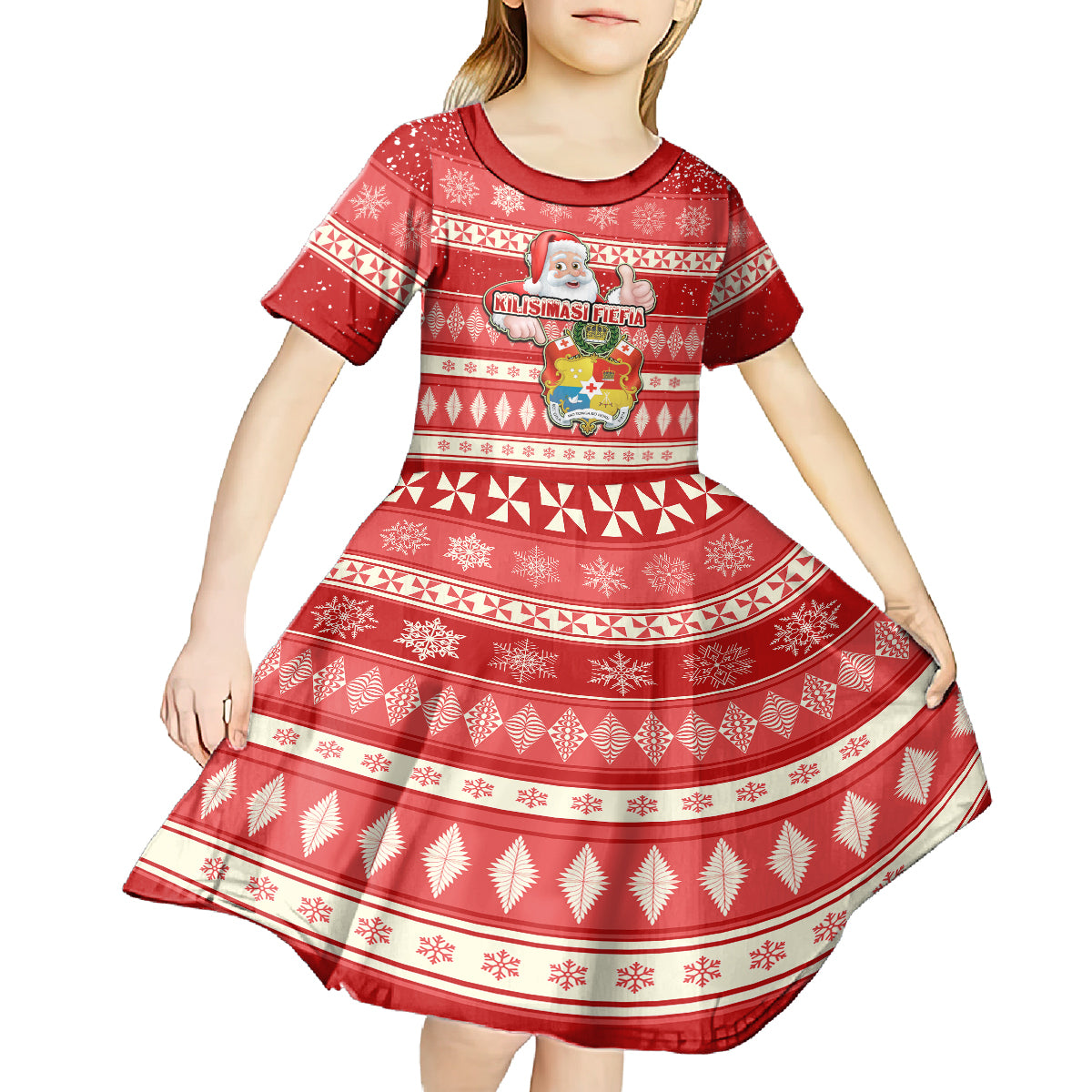 tonga-christmas-kid-short-sleeve-dress-the-santa-coat-of-arms-with-ngatu-and-snow-pattern