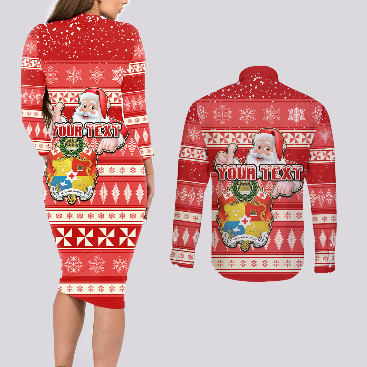 Custom Tonga Christmas Couples Matching Long Sleeve Bodycon Dress and Long Sleeve Button Shirts The Santa Coat of Arms with Ngatu and Snow Pattern LT03 - Polynesian Pride