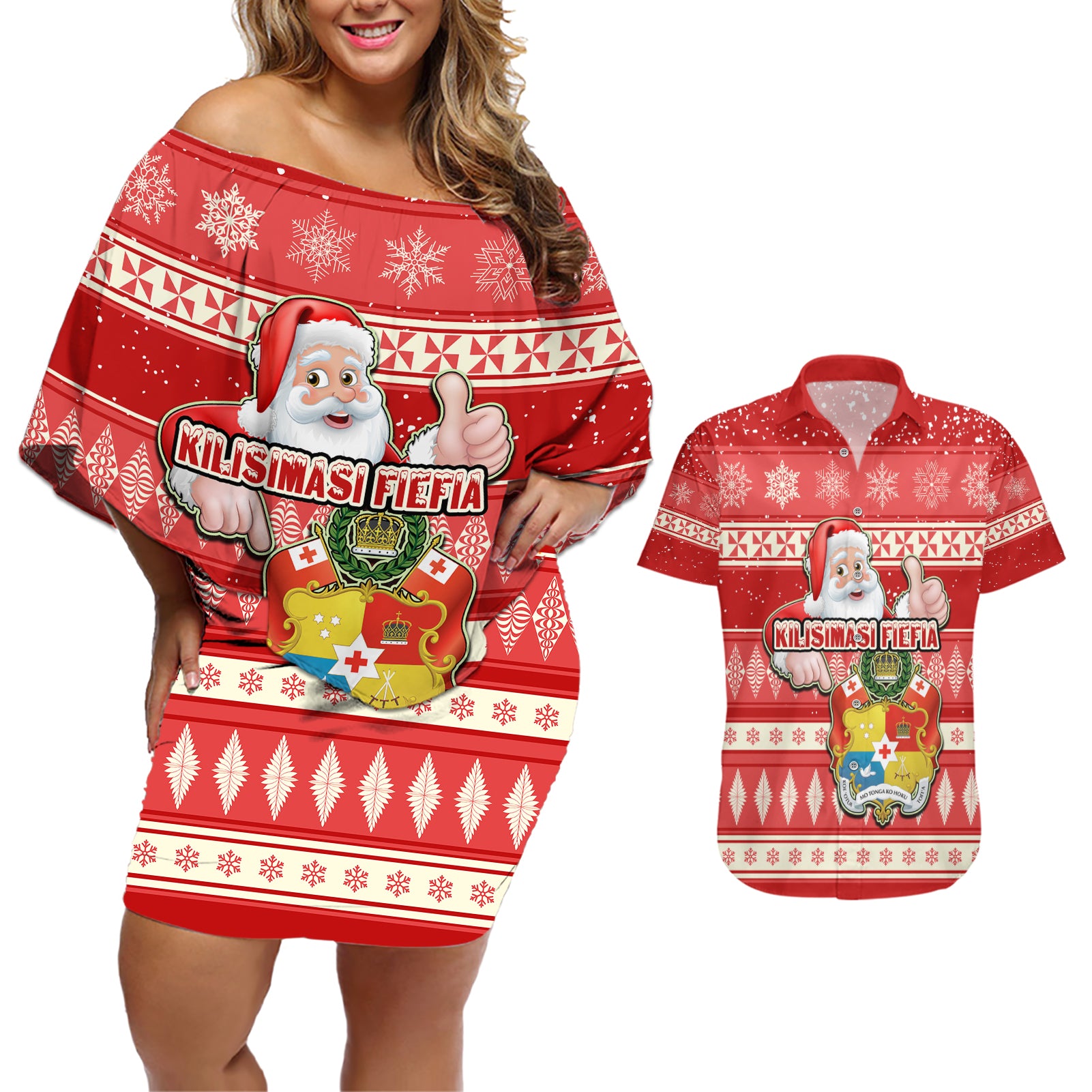 custom-tonga-christmas-couples-matching-off-shoulder-short-dress-and-hawaiian-shirt-the-santa-coat-of-arms-with-ngatu-and-snow-pattern