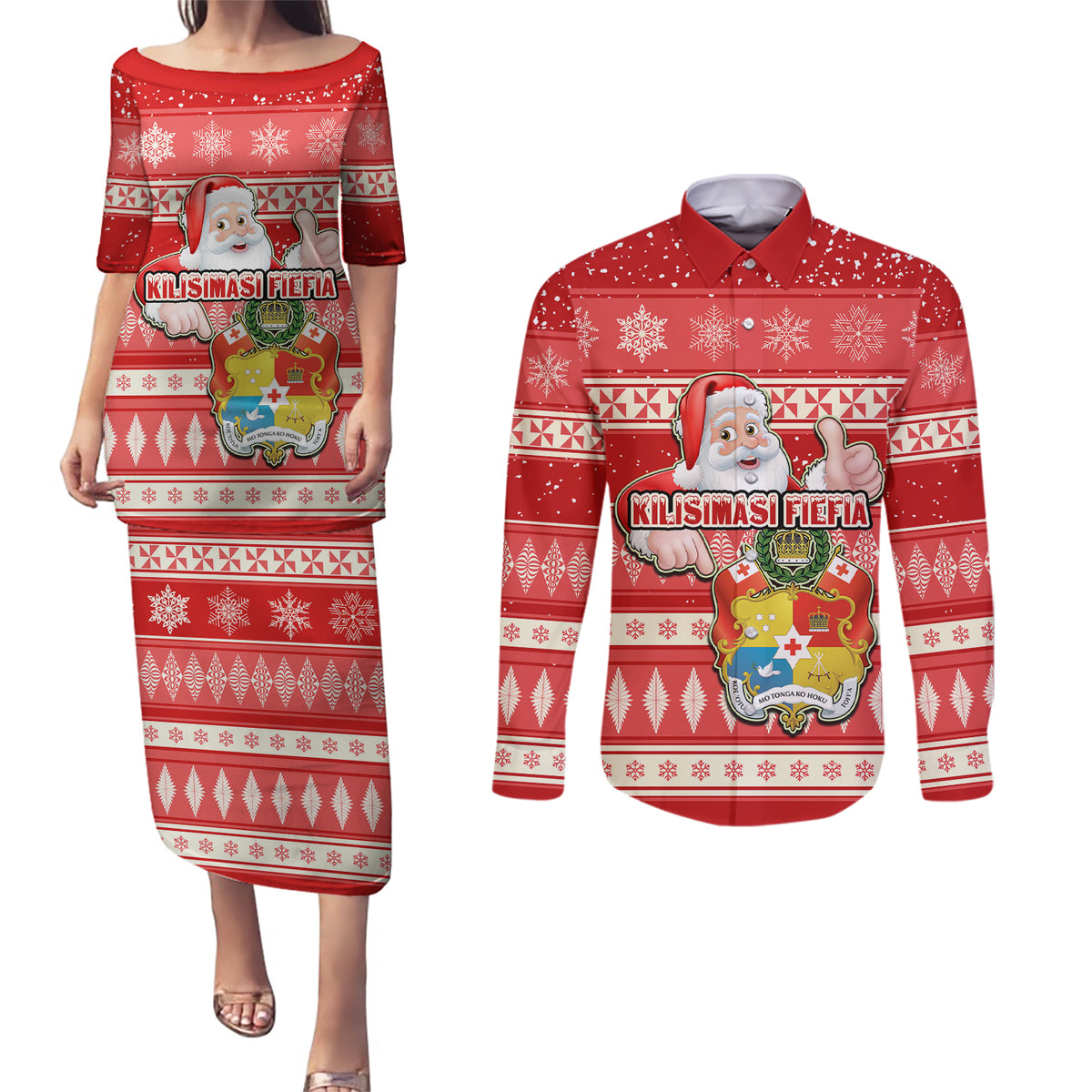 custom-tonga-christmas-couples-matching-puletasi-dress-and-long-sleeve-button-shirts-the-santa-coat-of-arms-with-ngatu-and-snow-pattern