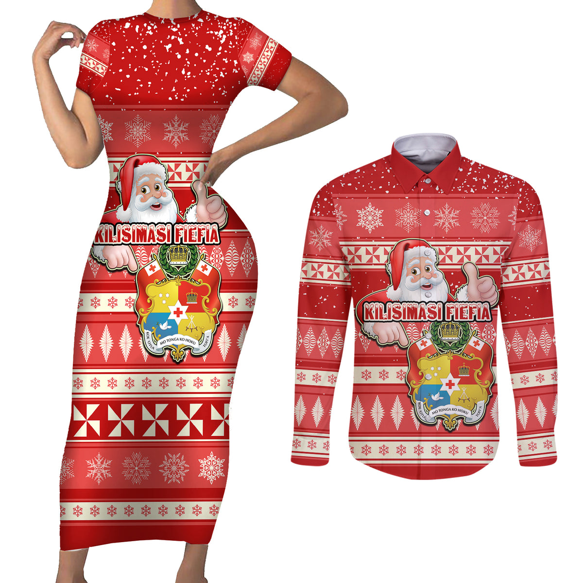 Custom Tonga Christmas Couples Matching Short Sleeve Bodycon Dress and Long Sleeve Button Shirts The Santa Coat of Arms with Ngatu and Snow Pattern LT03 Red - Polynesian Pride