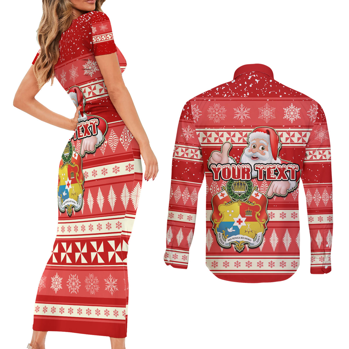 Custom Tonga Christmas Couples Matching Short Sleeve Bodycon Dress and Long Sleeve Button Shirts The Santa Coat of Arms with Ngatu and Snow Pattern LT03 - Polynesian Pride