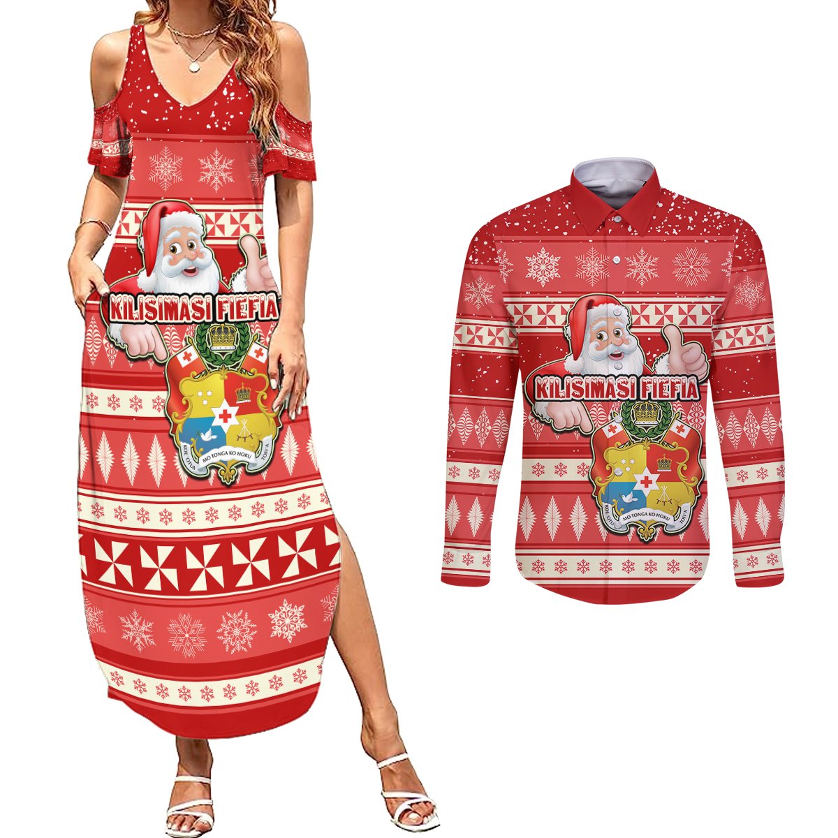 Custom Tonga Christmas Couples Matching Summer Maxi Dress and Long Sleeve Button Shirts The Santa Coat of Arms with Ngatu and Snow Pattern LT03 Red - Polynesian Pride