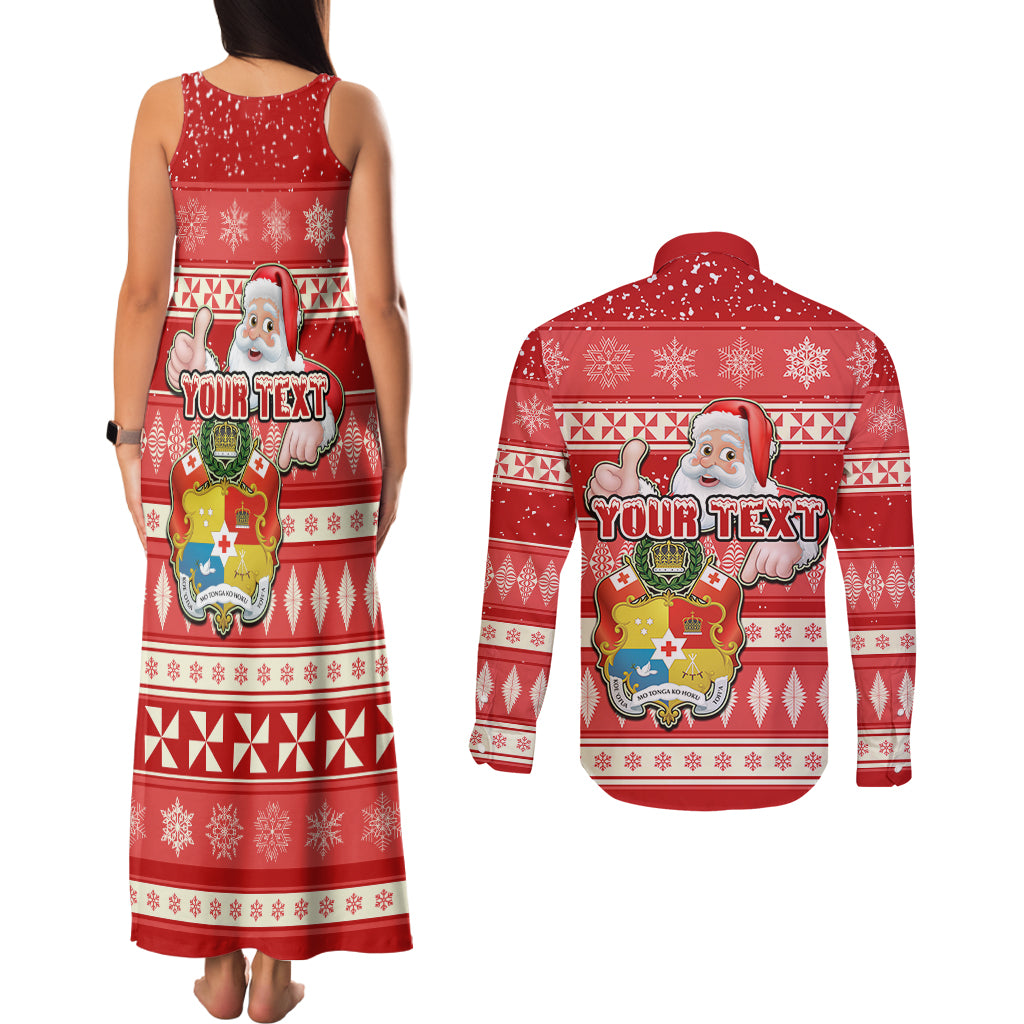 Custom Tonga Christmas Couples Matching Tank Maxi Dress and Long Sleeve Button Shirts The Santa Coat of Arms with Ngatu and Snow Pattern LT03 - Polynesian Pride