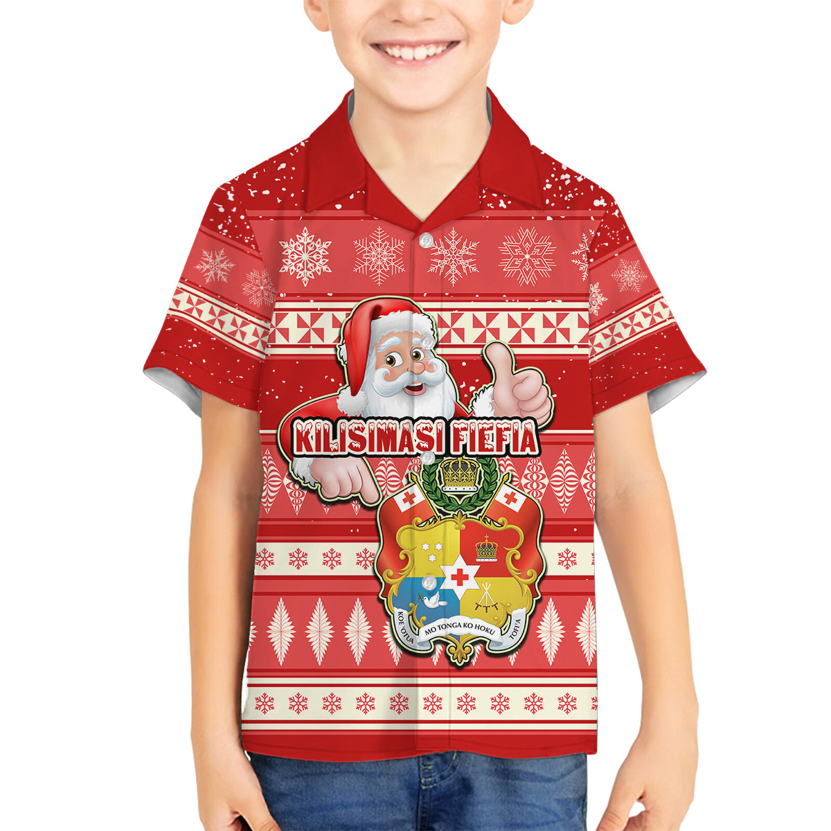Custom Tonga Christmas Family Matching Off Shoulder Long Sleeve Dress and Hawaiian Shirt The Santa Coat of Arms with Ngatu and Snow Pattern LT03 Son's Shirt Red - Polynesian Pride