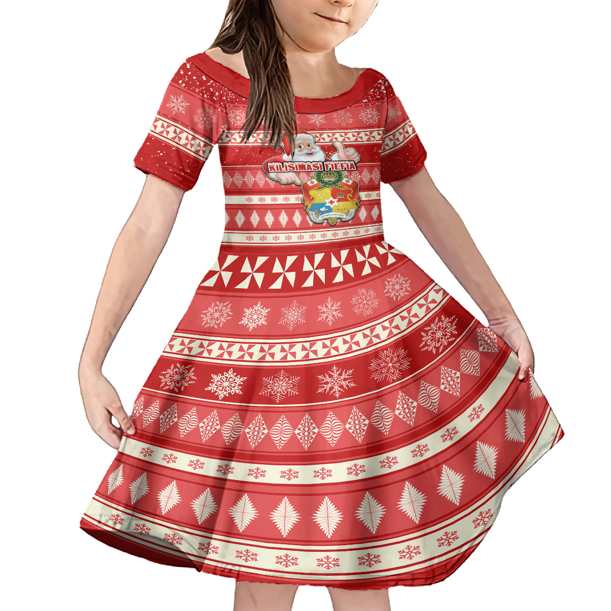 Custom Tonga Christmas Kid Short Sleeve Dress The Santa Coat of Arms with Ngatu and Snow Pattern LT03 KID Red - Polynesian Pride