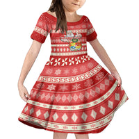 Custom Tonga Christmas Kid Short Sleeve Dress The Santa Coat of Arms with Ngatu and Snow Pattern LT03 KID Red - Polynesian Pride