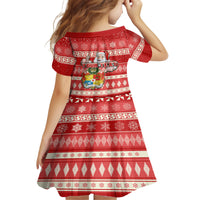 Custom Tonga Christmas Kid Short Sleeve Dress The Santa Coat of Arms with Ngatu and Snow Pattern LT03 - Polynesian Pride