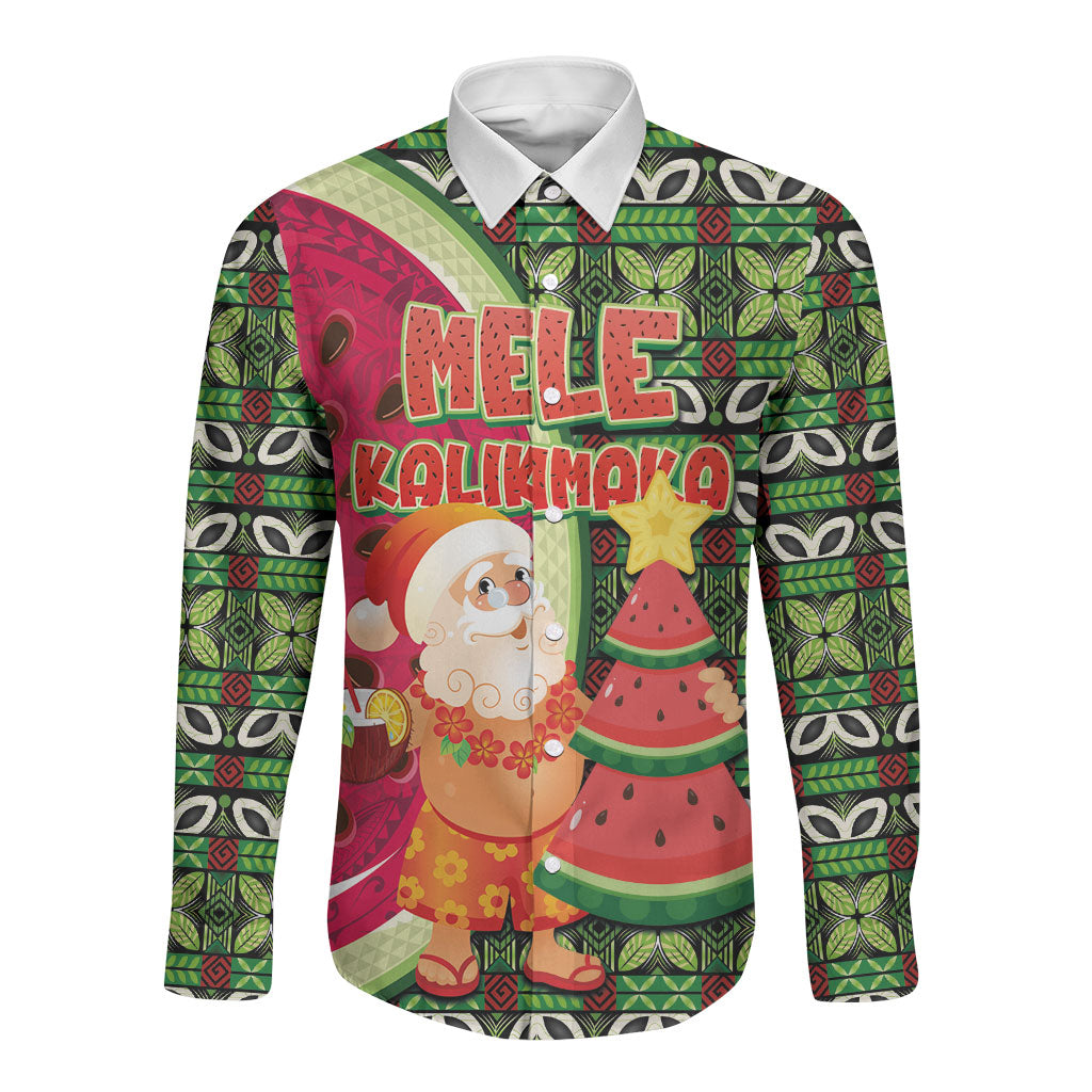 Hawaii Watermelon Mele Kalikimaka Long Sleeve Button Shirt Tribal Pacific Pattern with Tropical Funny Santa Claus LT03 Unisex Multicolor - Polynesian Pride