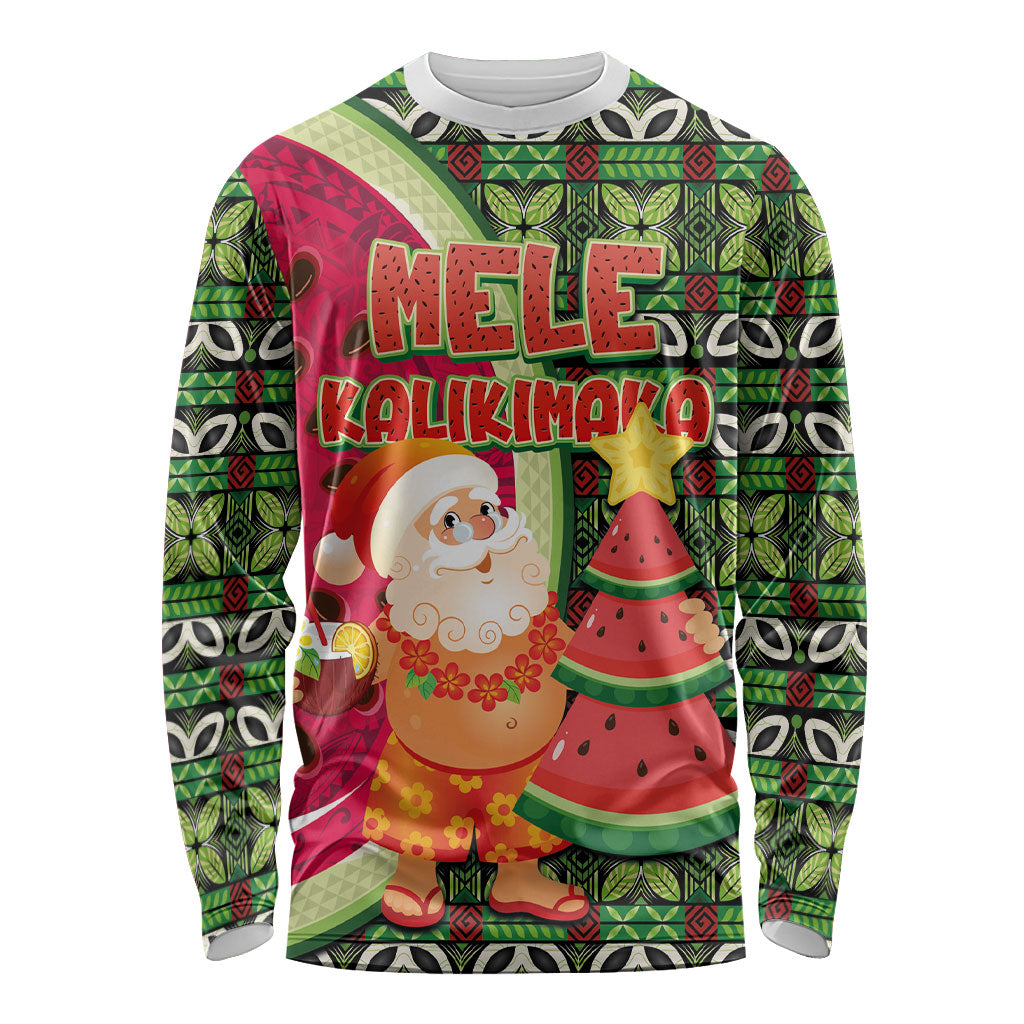 Hawaii Watermelon Mele Kalikimaka Long Sleeve Shirt Tribal Pacific Pattern with Tropical Funny Santa Claus LT03 Unisex Multicolor - Polynesian Pride