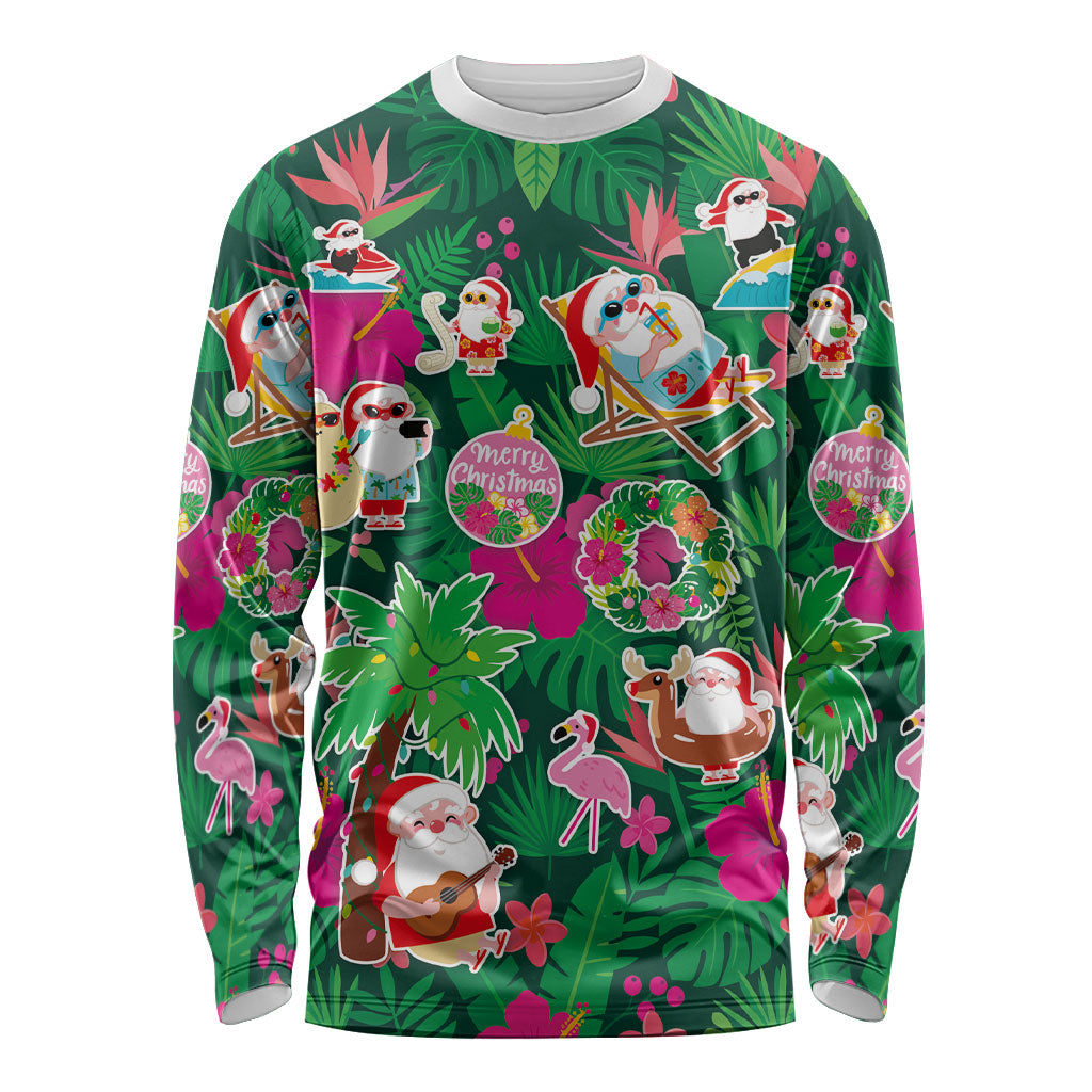 Hawaii Mele Kalikimaka Long Sleeve Shirt Tropical Plants with Santa Claus LT03 Unisex Multicolor - Polynesian Pride