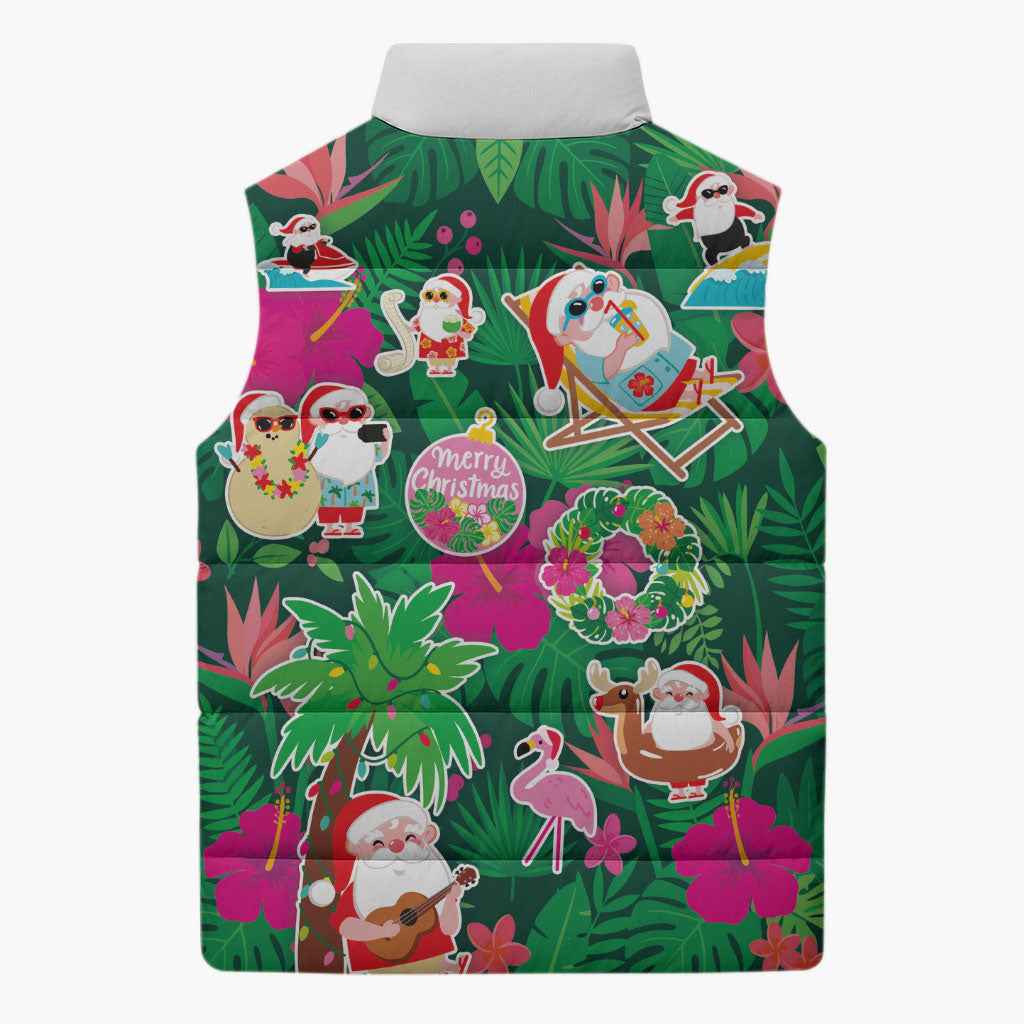 Hawaii Mele Kalikimaka Sleeveless Puffer Jacket Tropical Plants with Santa Claus LT03 - Polynesian Pride
