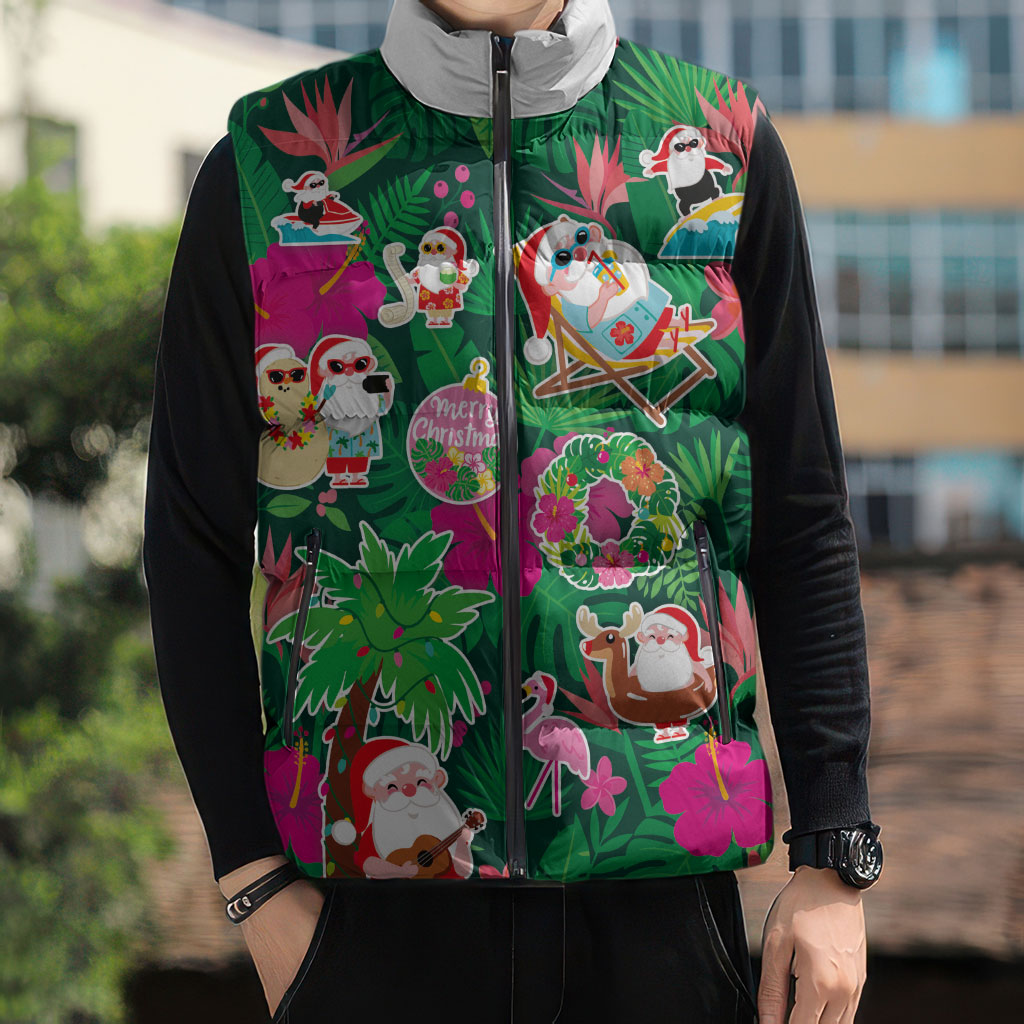 Hawaii Mele Kalikimaka Sleeveless Puffer Jacket Tropical Plants with Santa Claus LT03 - Polynesian Pride