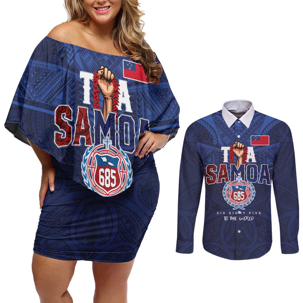 Custom Rugby Toa Samoa Couples Matching Off Shoulder Short Dress and Long Sleeve Button Shirt Champions Six Eight Five - Polynesian Pride