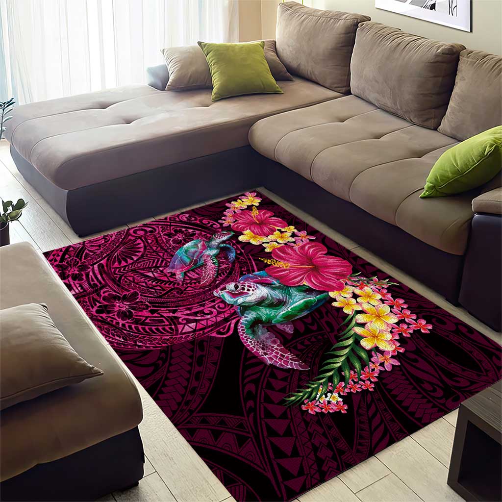 Hawaiian Plumeria and Hibiscus with Turtles Area Rug Polynesian Art Red Color - Polynesian Pride