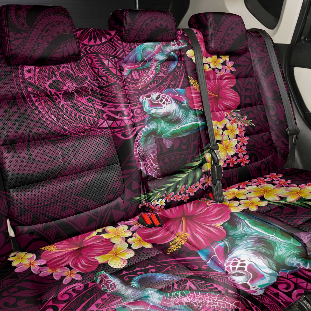 Hawaiian Plumeria and Hibiscus with Turtles Back Car Seat Cover Polynesian Art Red Color - Polynesian Pride