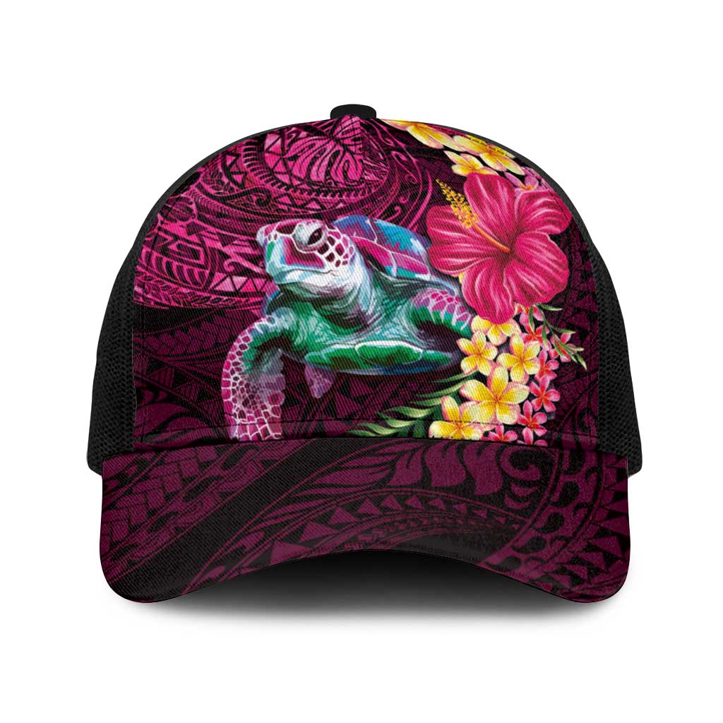 Hawaiian Plumeria and Hibiscus with Turtles Baseball Net Cap Polynesian Art Red Color - Polynesian Pride