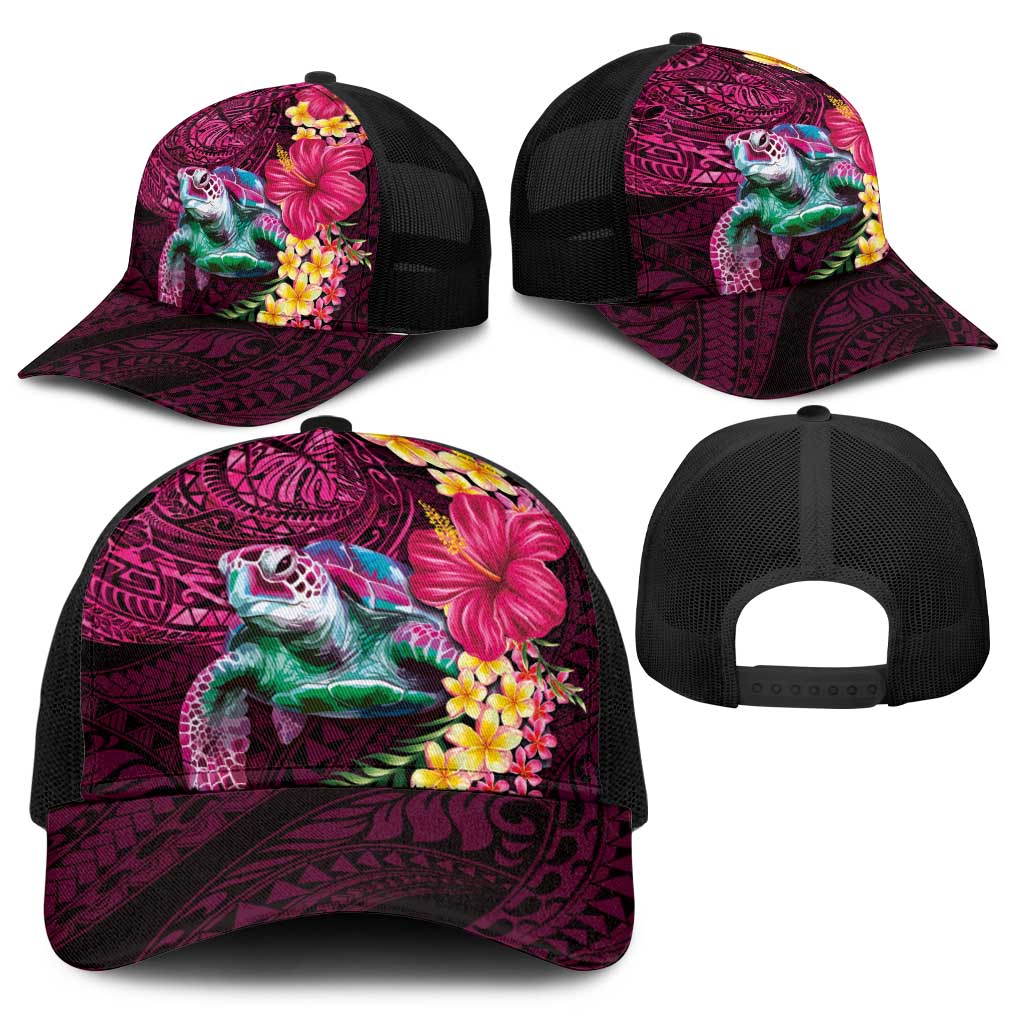 Hawaiian Plumeria and Hibiscus with Turtles Baseball Net Cap Polynesian Art Red Color - Polynesian Pride