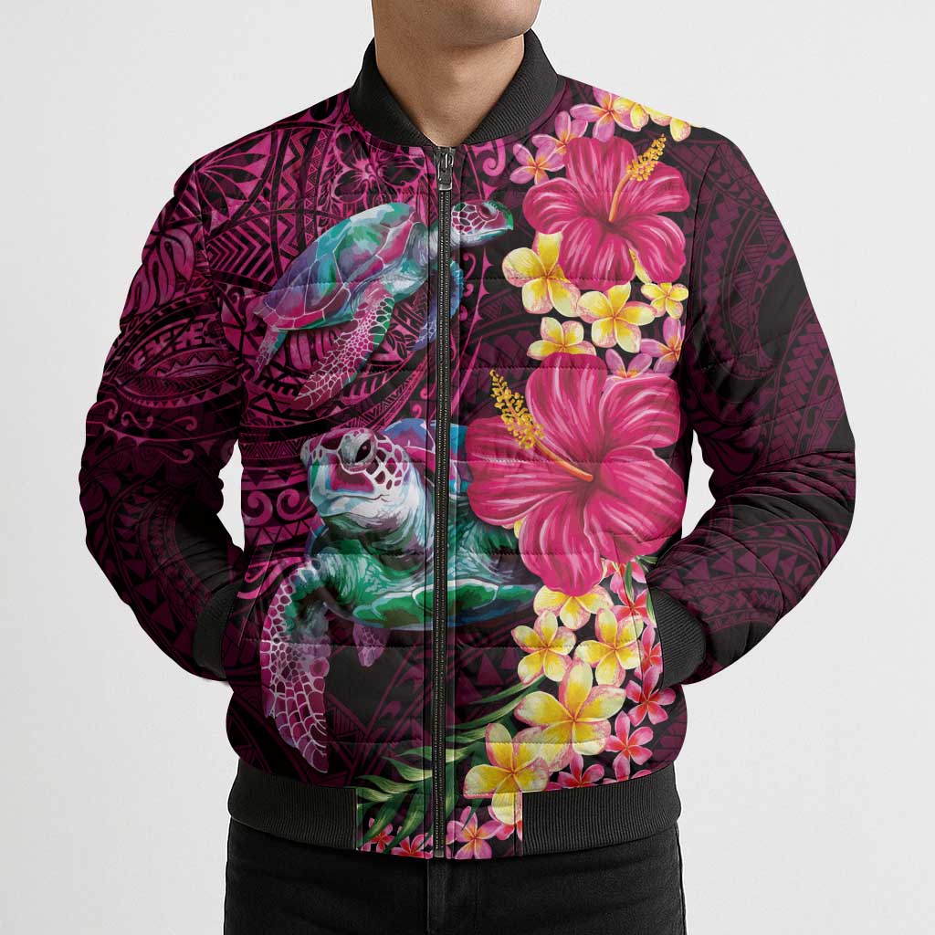 Hawaiian Plumeria and Hibiscus with Turtles Bomber Puffer Jacket Polynesian Art Red Color - Polynesian Pride