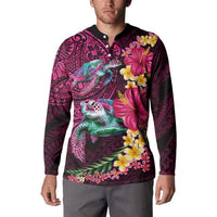 Hawaiian Plumeria and Hibiscus with Turtles Button Sweatshirt Polynesian Art Red Color - Polynesian Pride
