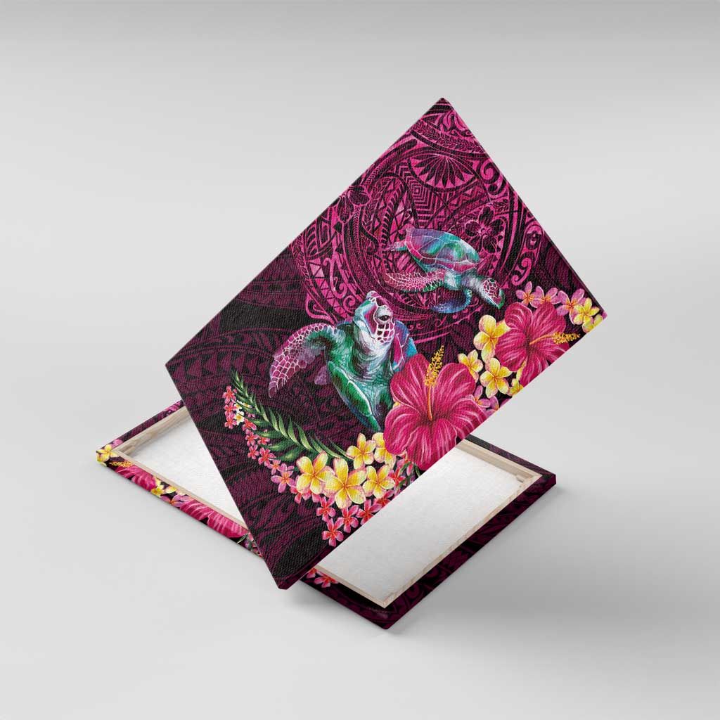 Hawaiian Plumeria and Hibiscus with Turtles Canvas Wall Art Polynesian Art Red Color - Polynesian Pride