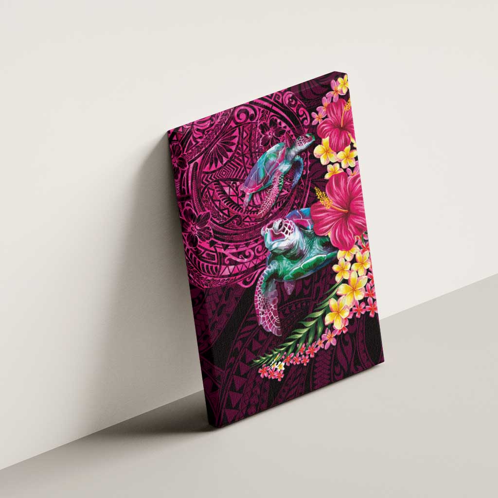 Hawaiian Plumeria and Hibiscus with Turtles Canvas Wall Art Polynesian Art Red Color - Polynesian Pride