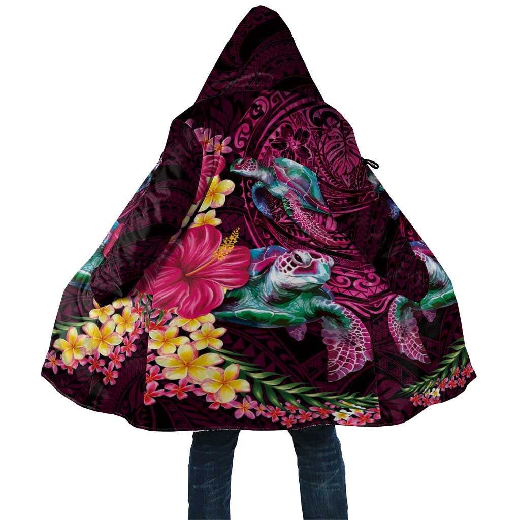 Hawaiian Plumeria and Hibiscus with Turtles Cloak Polynesian Art Red Color - Polynesian Pride