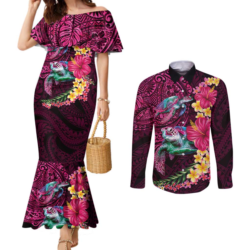Hawaiian Plumeria and Hibiscus with Turtles Couples Matching Mermaid Dress and Long Sleeve Button Shirt Polynesian Art Red Color - Polynesian Pride
