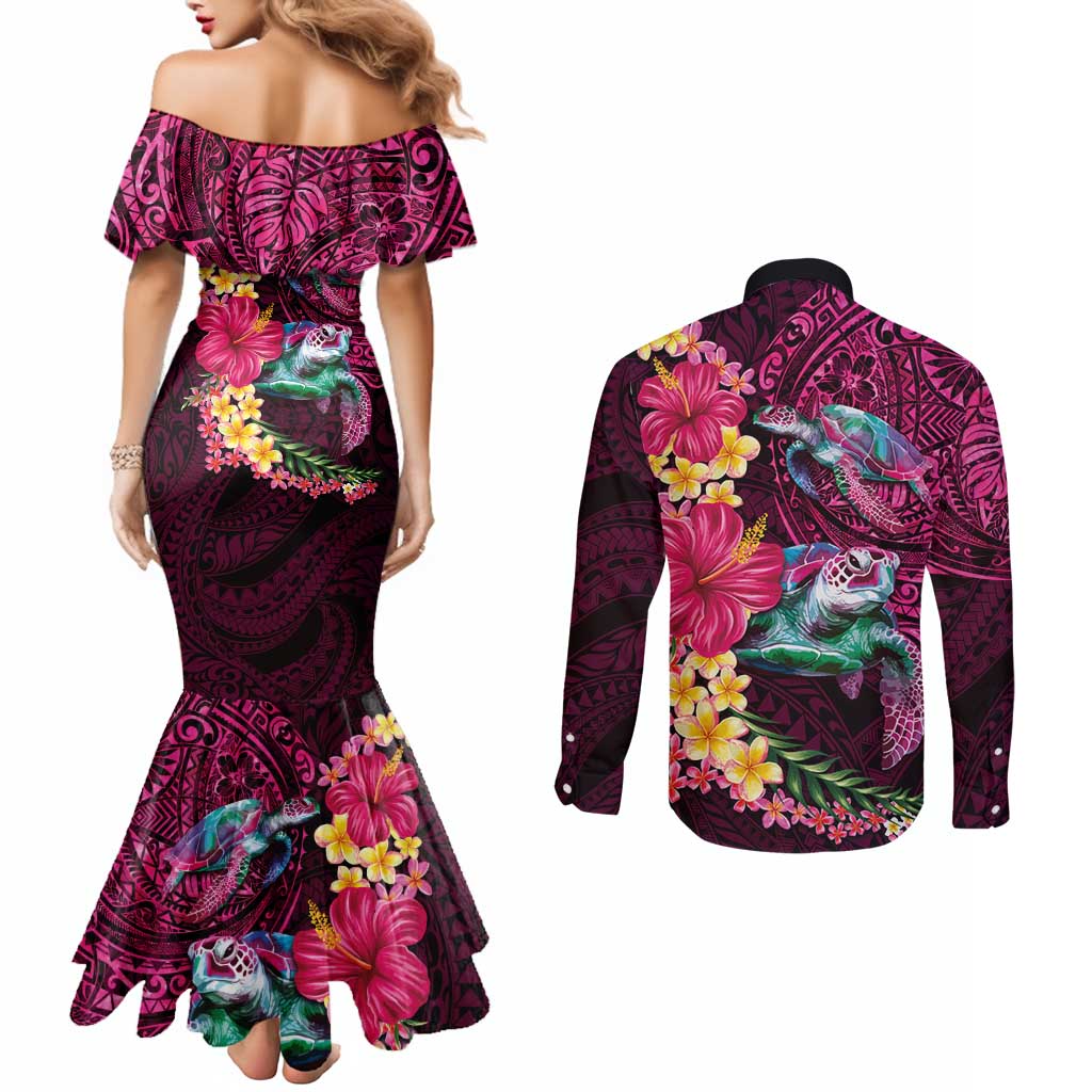 Hawaiian Plumeria and Hibiscus with Turtles Couples Matching Mermaid Dress and Long Sleeve Button Shirt Polynesian Art Red Color - Polynesian Pride