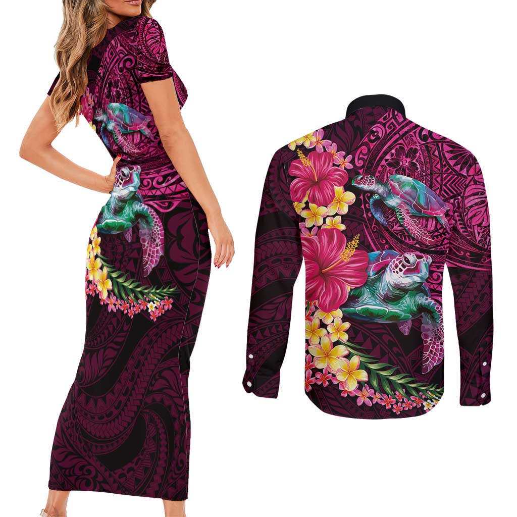 Hawaiian Plumeria and Hibiscus with Turtles Couples Matching Short Sleeve Bodycon Dress and Long Sleeve Button Shirt Polynesian Art Red Color - Polynesian Pride