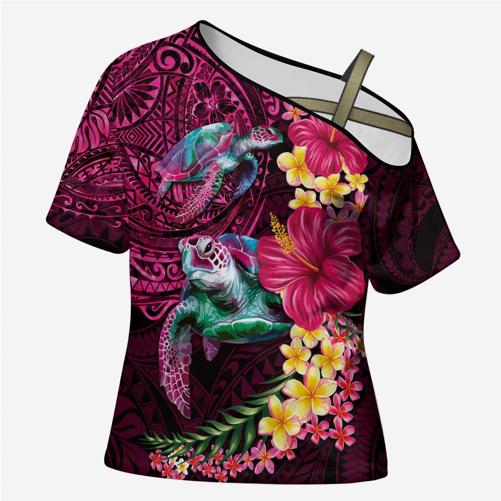 Hawaiian Plumeria and Hibiscus with Turtles Cross Shoulder Shirt Polynesian Art Red Color - Polynesian Pride
