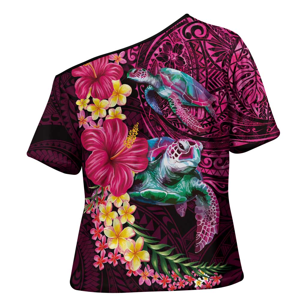 Hawaiian Plumeria and Hibiscus with Turtles Cross Shoulder Shirt Polynesian Art Red Color - Polynesian Pride