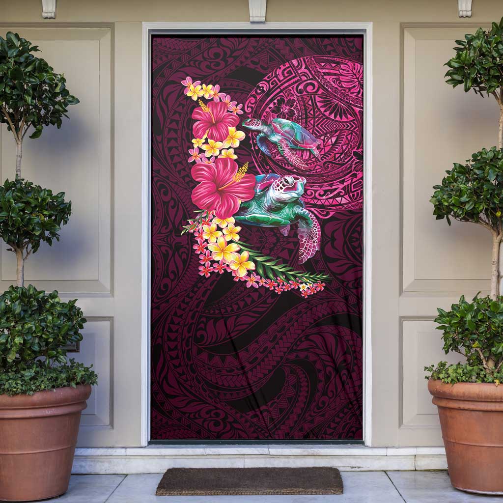 Hawaiian Plumeria and Hibiscus with Turtles Door Cover Polynesian Art Red Color - Polynesian Pride