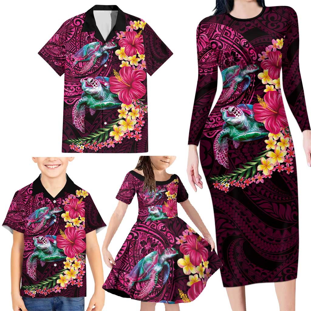 Hawaiian Plumeria and Hibiscus with Turtles Family Matching Long Sleeve Bodycon Dress and Hawaiian Shirt Polynesian Art Red Color - Polynesian Pride