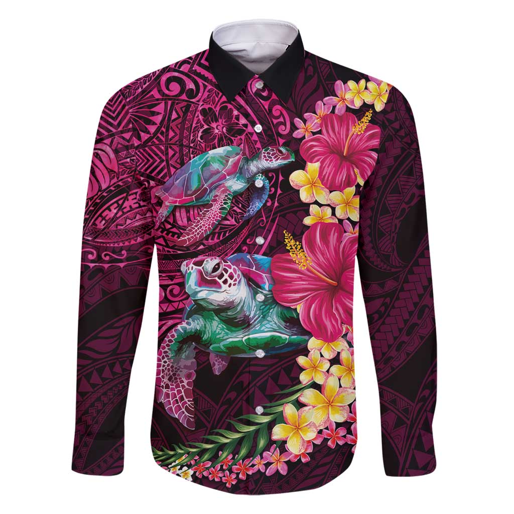Hawaiian Plumeria and Hibiscus with Turtles Family Matching Long Sleeve Bodycon Dress and Hawaiian Shirt Polynesian Art Red Color - Polynesian Pride