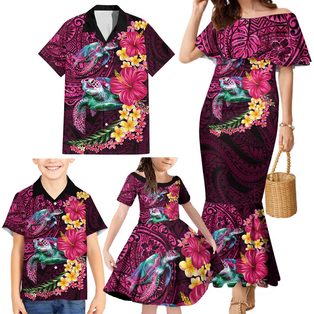 Hawaiian Plumeria and Hibiscus with Turtles Family Matching Mermaid Dress and Hawaiian Shirt Polynesian Art Red Color - Polynesian Pride