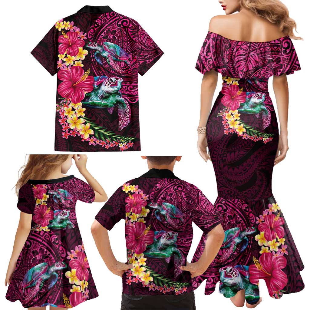 Hawaiian Plumeria and Hibiscus with Turtles Family Matching Mermaid Dress and Hawaiian Shirt Polynesian Art Red Color - Polynesian Pride