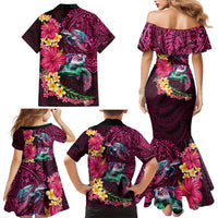 Hawaiian Plumeria and Hibiscus with Turtles Family Matching Mermaid Dress and Hawaiian Shirt Polynesian Art Red Color - Polynesian Pride