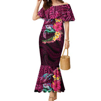 Hawaiian Plumeria and Hibiscus with Turtles Family Matching Mermaid Dress and Hawaiian Shirt Polynesian Art Red Color - Polynesian Pride