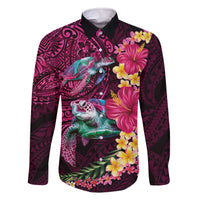 Hawaiian Plumeria and Hibiscus with Turtles Family Matching Off The Shoulder Long Sleeve Dress and Hawaiian Shirt Polynesian Art Red Color - Polynesian Pride
