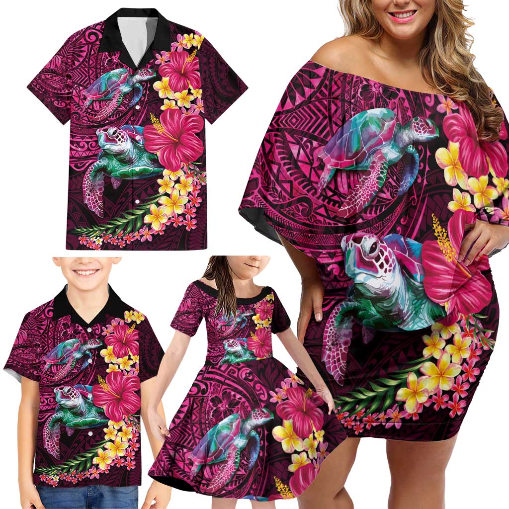 Hawaiian Plumeria and Hibiscus with Turtles Family Matching Off Shoulder Short Dress and Hawaiian Shirt Polynesian Art Red Color - Polynesian Pride
