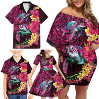 Hawaiian Plumeria and Hibiscus with Turtles Family Matching Off Shoulder Short Dress and Hawaiian Shirt Polynesian Art Red Color - Polynesian Pride