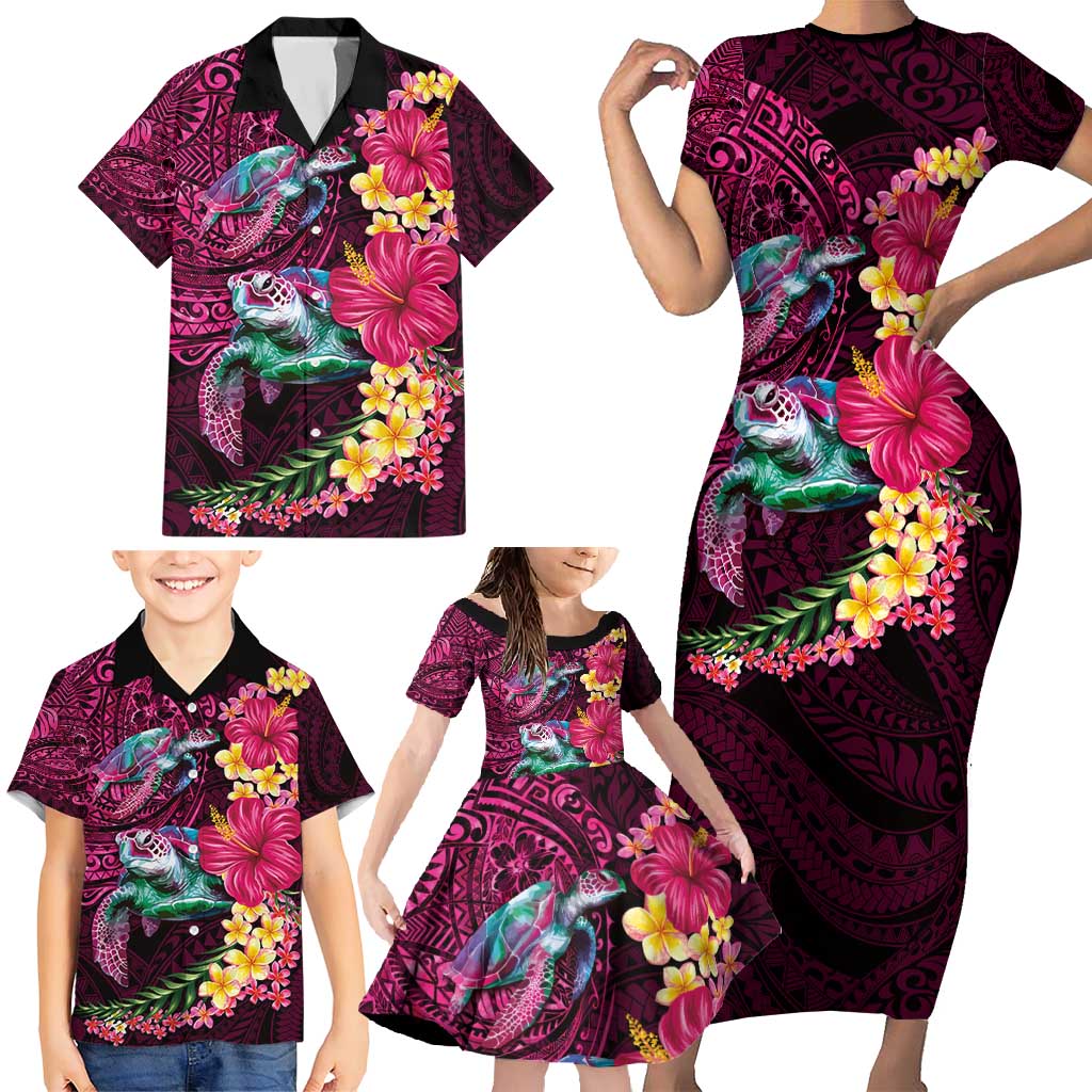 Hawaiian Plumeria and Hibiscus with Turtles Family Matching Short Sleeve Bodycon Dress and Hawaiian Shirt Polynesian Art Red Color - Polynesian Pride