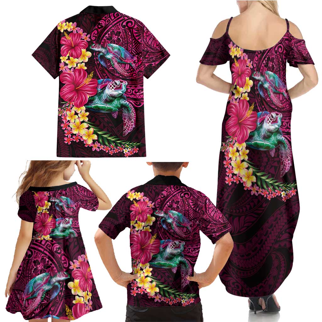 Hawaiian Plumeria and Hibiscus with Turtles Family Matching Summer Maxi Dress and Hawaiian Shirt Polynesian Art Red Color - Polynesian Pride