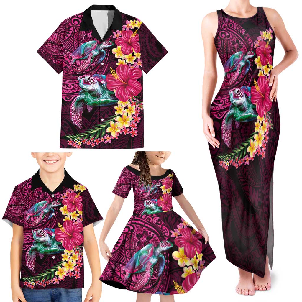 Hawaiian Plumeria and Hibiscus with Turtles Family Matching Tank Maxi Dress and Hawaiian Shirt Polynesian Art Red Color - Polynesian Pride