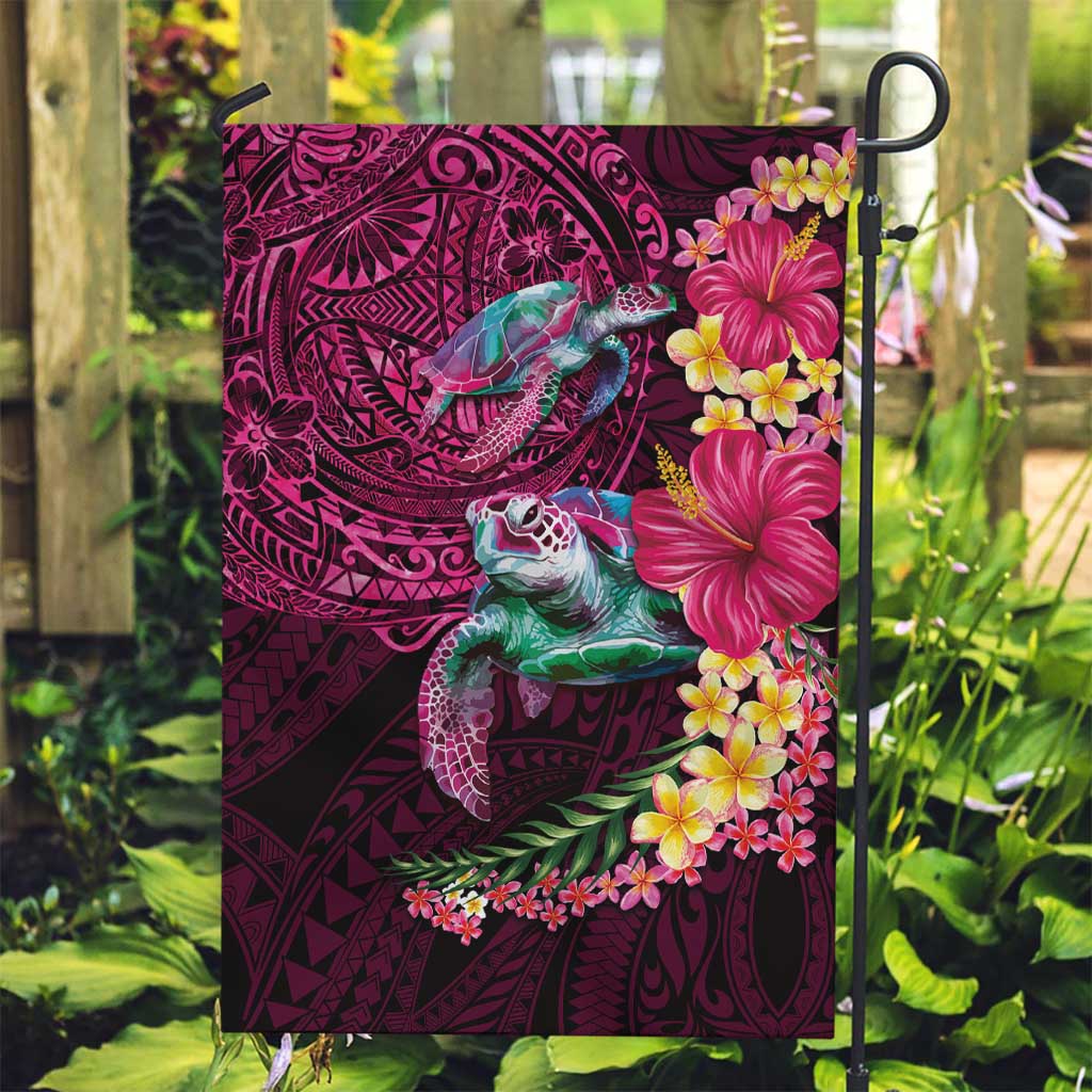 Hawaiian Plumeria and Hibiscus with Turtles Garden Flag Polynesian Art Red Color - Polynesian Pride