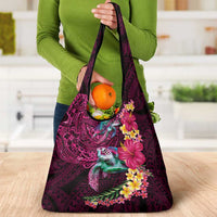 Hawaiian Plumeria and Hibiscus with Turtles Grocery Bag Polynesian Art Red Color - Polynesian Pride